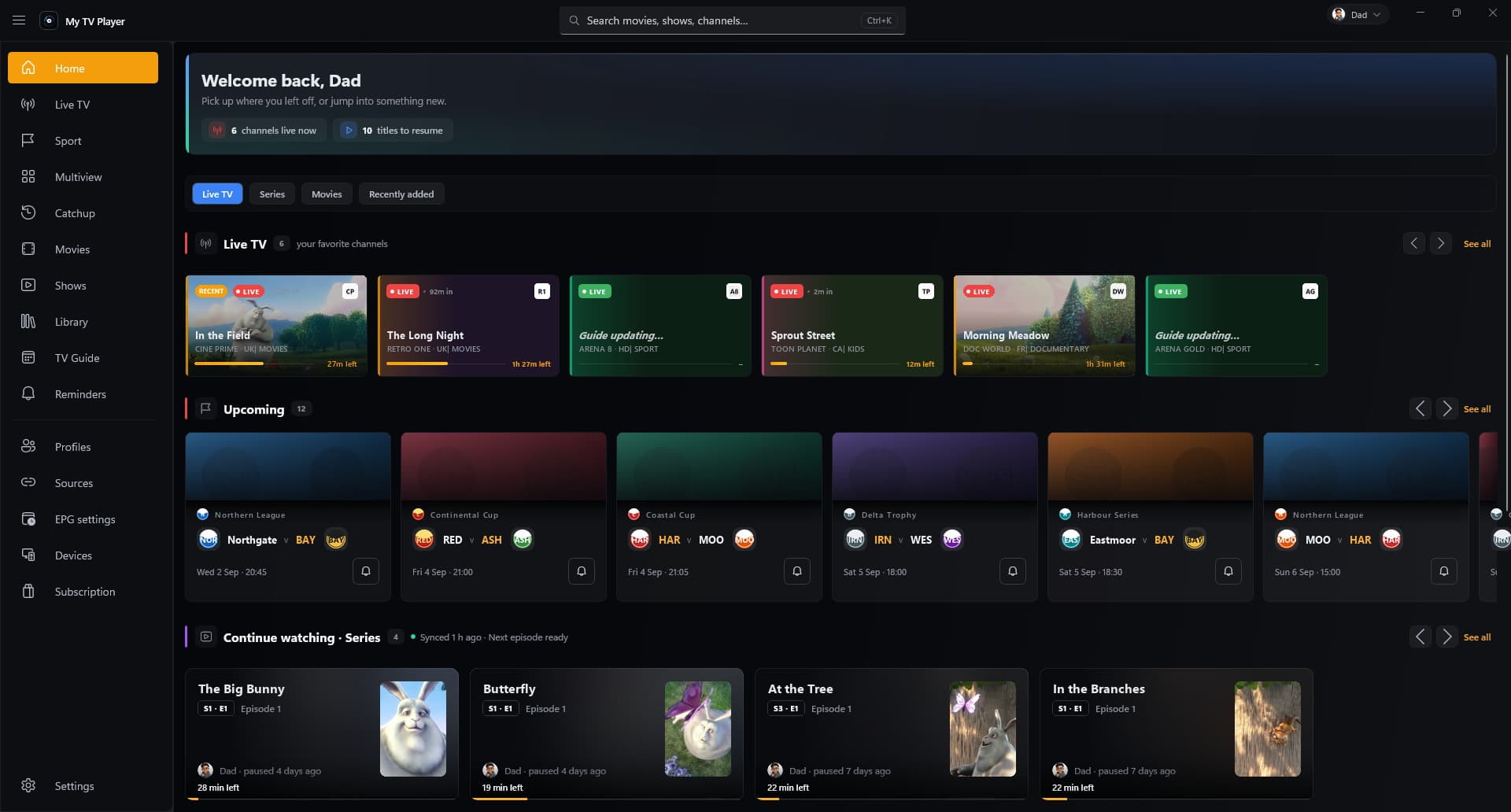 The My TV Player home screen on Windows, with continue-watching and live channel rails.