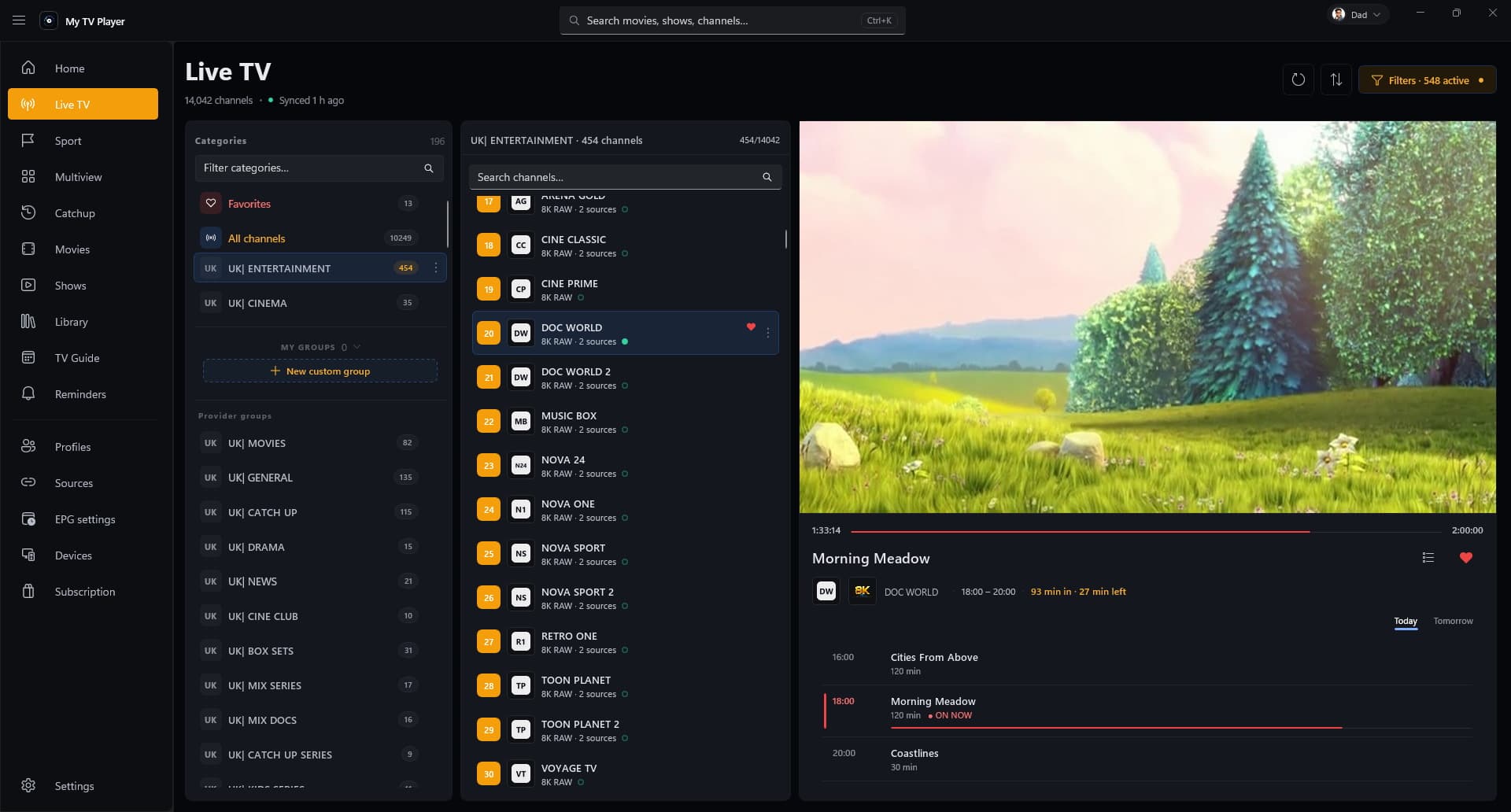 The Live TV page on Windows, showing channel cards with what is on now.