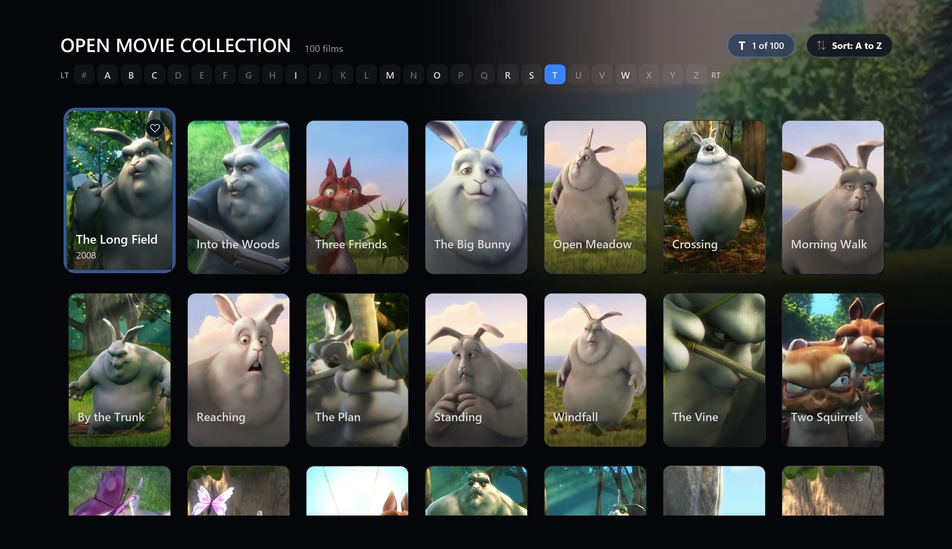The movie library on an Xbox: a poster grid with one title focused and its details underneath.
