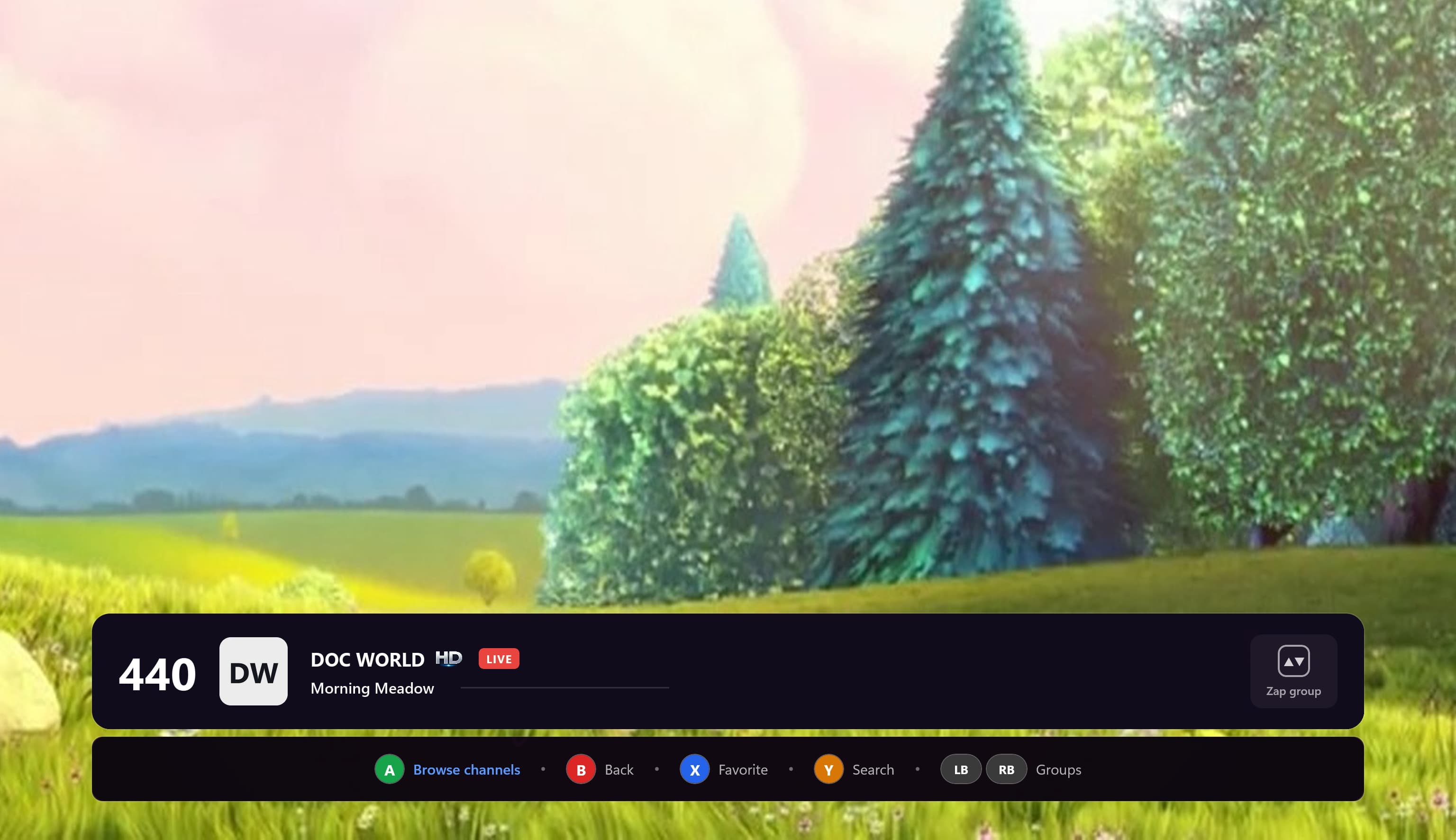Live TV on an Xbox: the picture stays full screen while the channel list slides in over it.